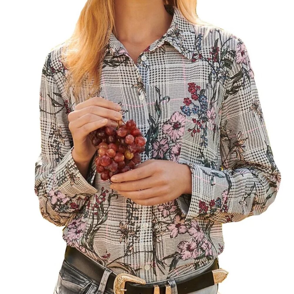 Zara Flowy Floral Printed Long Sleeve Button Up Collared Blouse in White/Black